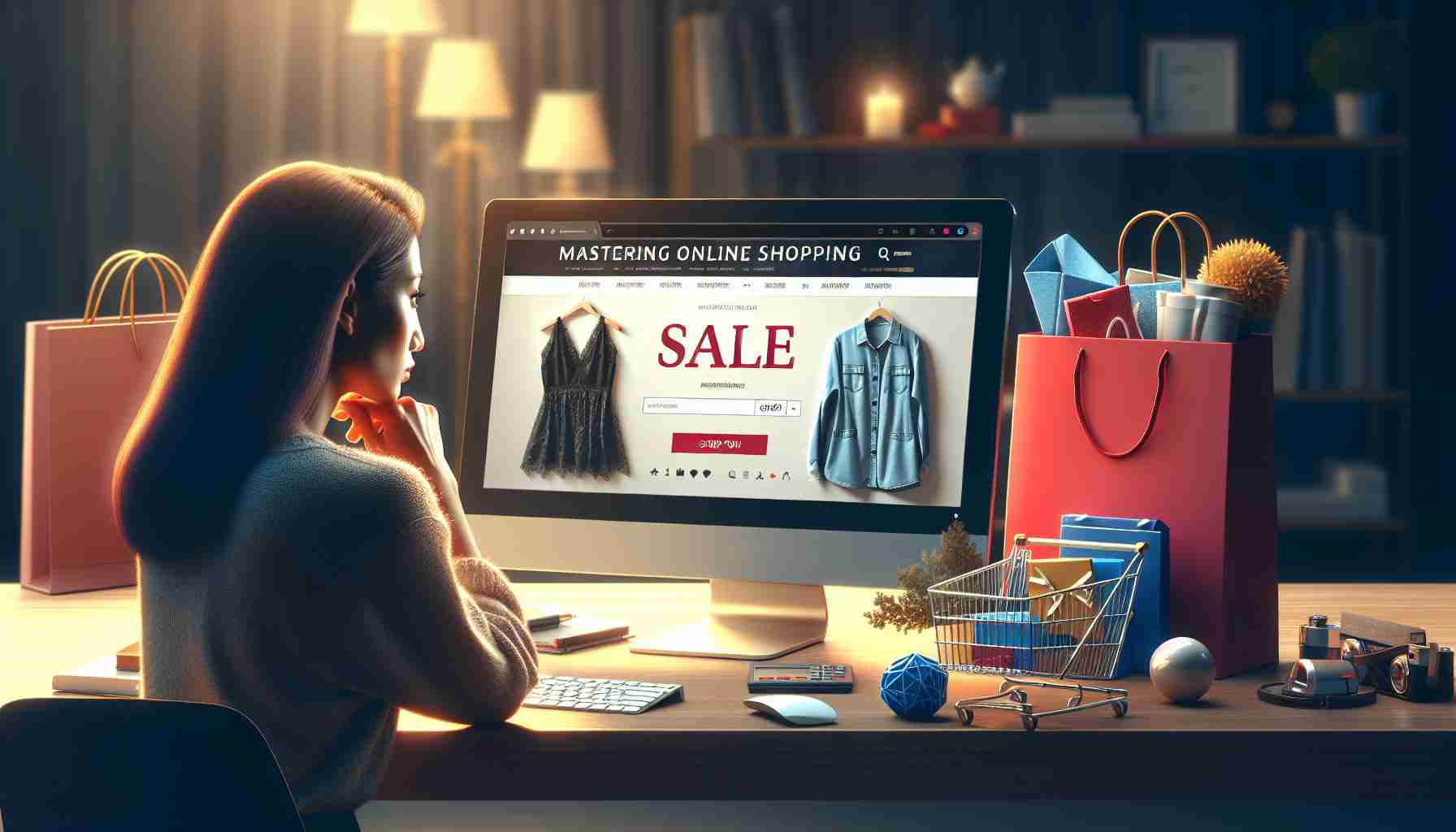 Create a high-definition, realistic image depicting the theme of 'Mastering Online Shopping'. Show a computer screen with a website displaying a large sale banner, advertising a sales event. Beside the computer, place various shopping items like clothes, electronics, and accessories. Also include an individual, possibly a South Asian woman, attentively navigating through the sale on the computer, her face reflecting the focus and strategy needed for such online shopping events.