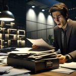 A realistic high-definition image of an unnamed character in a dramatic scene from a television series depicting the moment they make a surprising find. The character is in a modern office setting, surrounded by paperwork, looking shocked and taken aback by a document they've just unearthed from a pile on the desk. The room is dimly lit, creating a tense and suspenseful atmosphere.