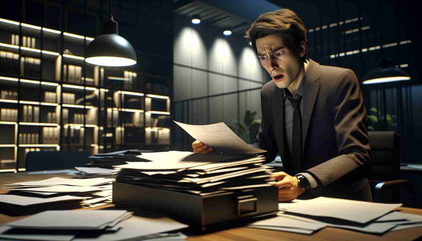 A realistic high-definition image of an unnamed character in a dramatic scene from a television series depicting the moment they make a surprising find. The character is in a modern office setting, surrounded by paperwork, looking shocked and taken aback by a document they've just unearthed from a pile on the desk. The room is dimly lit, creating a tense and suspenseful atmosphere.