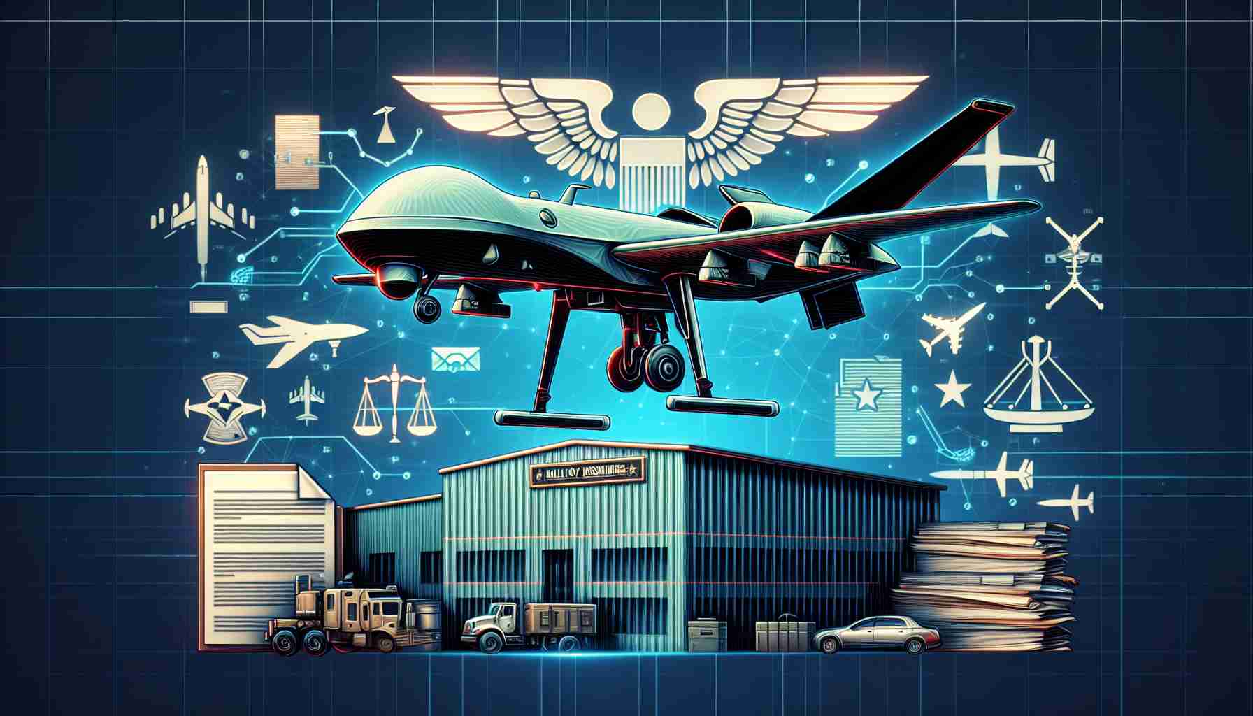 Generate a realistically detailed HD image showing a symbolic representation of a drone manufacturing company taking legal action against a military institution. Do not include any identifiable logos, company signs or explicit military insignia. Capture the concept with recognizable elements like a drone model, generic legal documents, and a nondescript military building in the background.