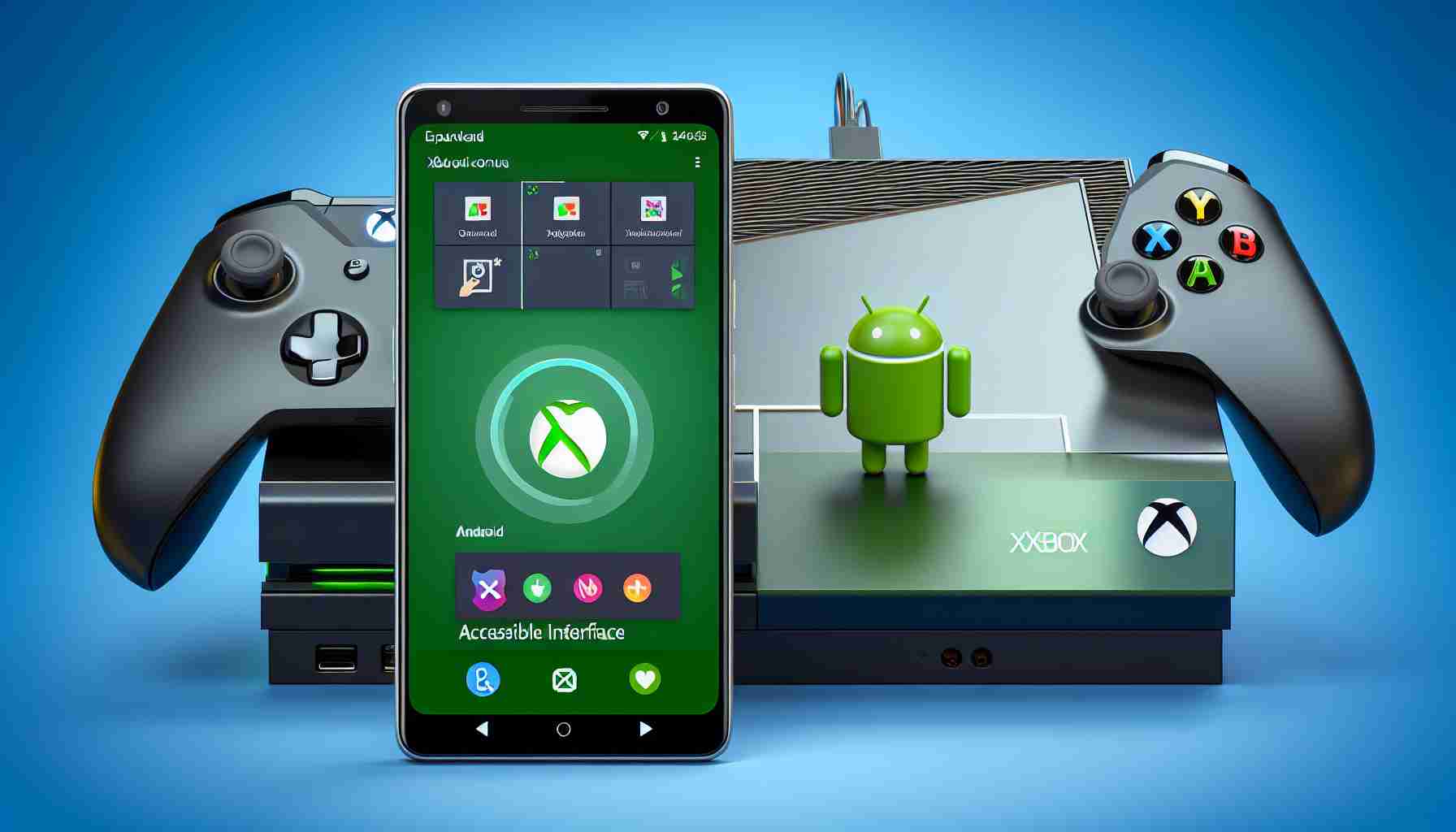 Generate a realistic high-definition image of an Xbox gaming system that has expanded its digital accessibility on an Android device. Show the Xbox console linked to an Android smartphone with screens showcasing accessible interface and compatible gaming apps. Important elements to include are: the Xbox logo on the gaming console, an Android user interface with the Xbox app opened on the smartphone and symbols of accessibility like an open hand icon.