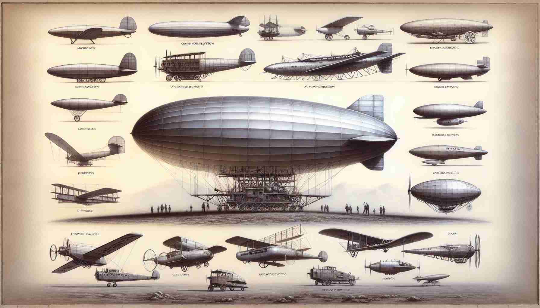 A high-definition, realistic pictorial evolution of unconventional aircraft designs. Start with an early conception featuring elements like a wingless design, perhaps resembling a zeppelin. Slowly transition into mid-era crafts with unusual wing structures or unconventional propulsion methods. Finally, depict modern interpretations of unusual aircraft, with features like anti-gravity capabilities or uniquely designed engines. All the while maintaining an emphasis on design intricacies and technological evolution. Please note that the designs should be purely hypothetical, not representative of any existing or branded models.