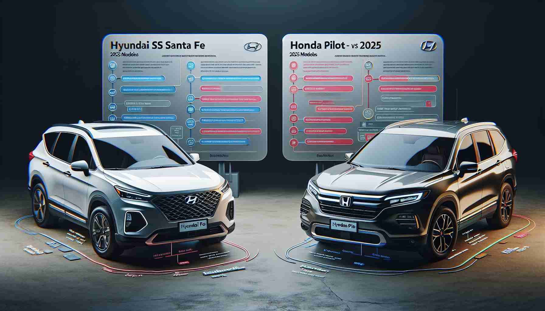 A high-definition, realistic illustration of a 2025 Hyundai Santa Fe and Honda Pilot side by side. The vehicles are displayed both in exterior and interior views. Notes highlighting key features and comparison points hover around them, such as engine specs, comfort provisions, and safety features. A title at the top reads 'A Buyers Guide: Hyundai Santa Fe vs Honda Pilot - 2025 Models'. This presentation-like scene should give potential buyers a detailed comparison to help their decision process.