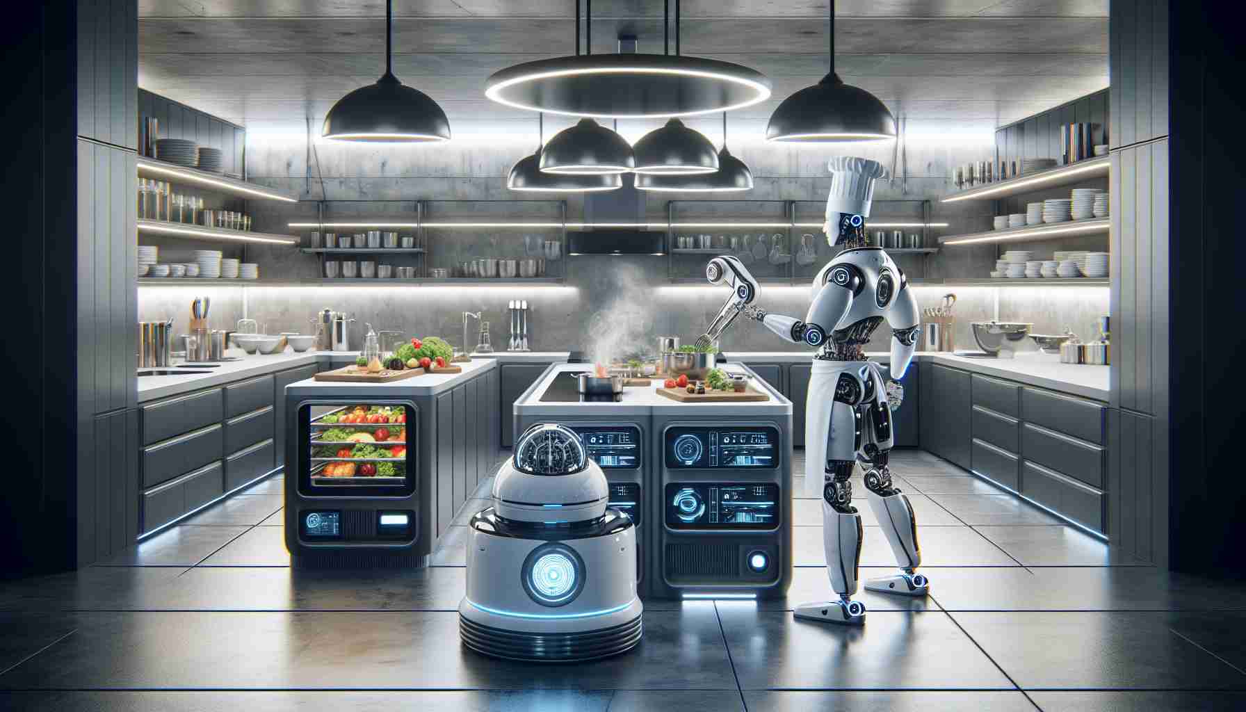 A highly detailed and realistic image showcasing the revolution of robotics in the culinary world. Highlight a futuristic and sleek kitchen, vastly different from a traditional setup. Illustrate a robotic chef in the midst of preparing a gourmet dish. The robot should be designed with precision and grace, perfectly executing each culinary task. The ambiance should convey the cleanliness, efficiency, and modernity that technology has brought to this sector. Please don't include any humans in this scene. The image should purely focus on the robotic chef and its environment.