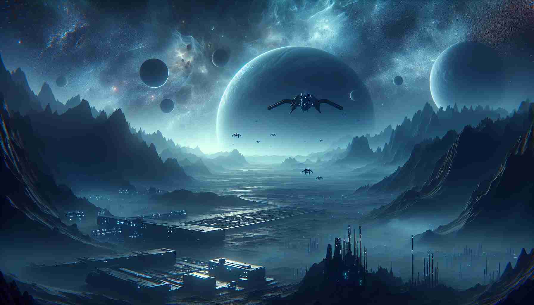 Create a high-definition, realistic image of a spooky adventure in an expansive, mysterious, procedural space exploration game. The scene should evoke an eerie atmosphere with a far-off galactic horizon. It should include elements such as a mysterious alien planet, futuristic spacecraft, and eerie alien creatures. The vibe shall be eerie and mysterious, beckoning for an adventure into the unknown.