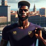 Realistic HD photo of a tall and muscular African American male footballer returning to Levante UD after terminating his contract with Reus Deportivo