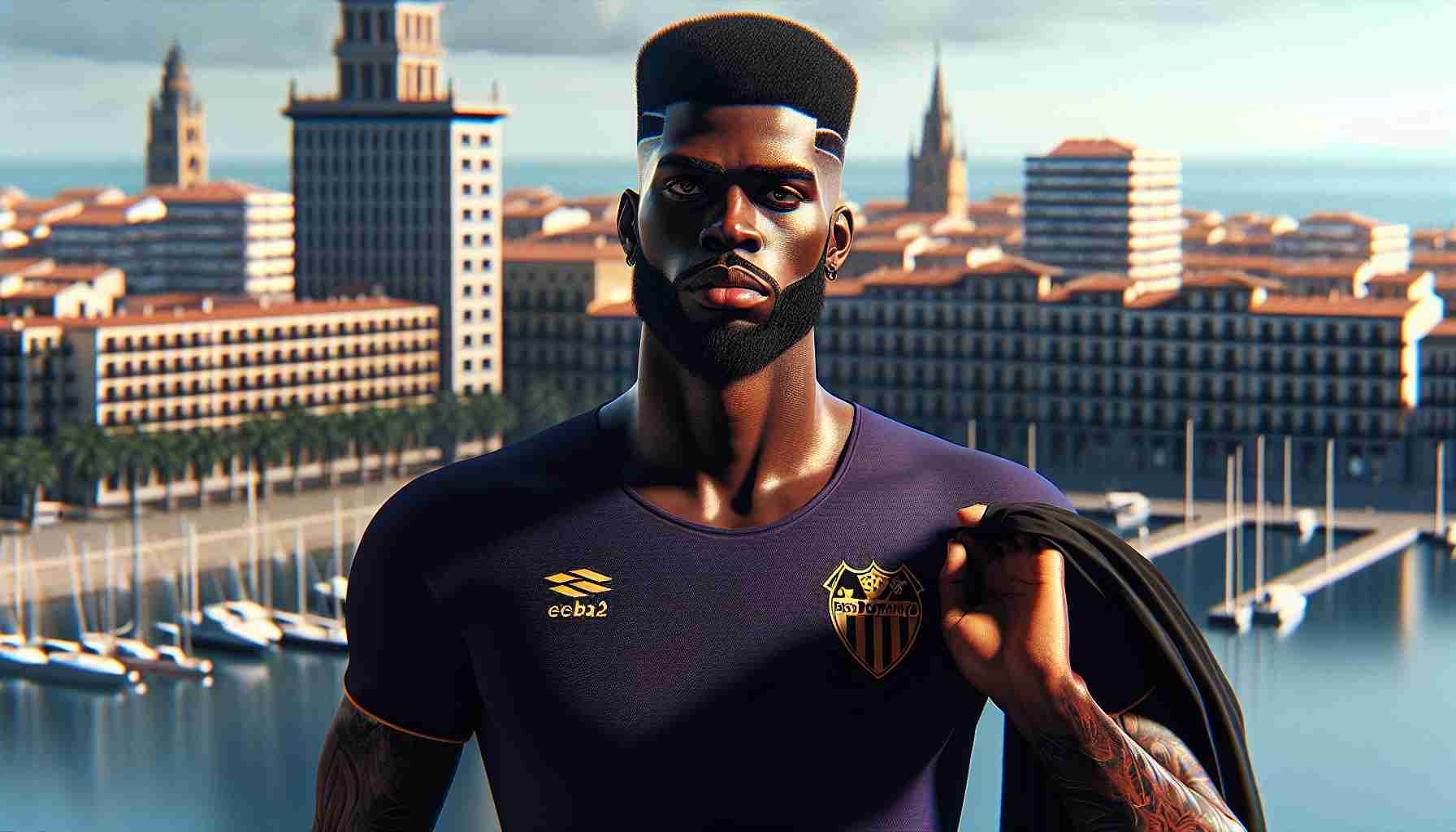 Realistic HD photo of a tall and muscular African American male footballer returning to Levante UD after terminating his contract with Reus Deportivo