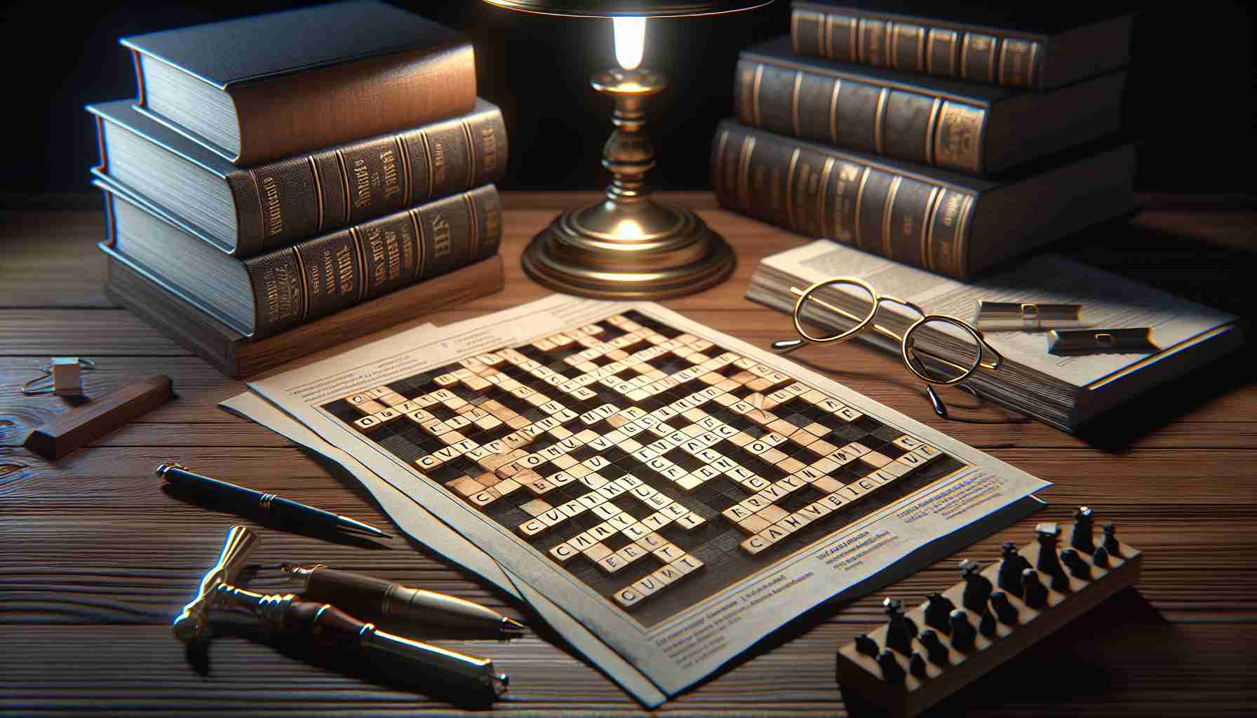 Create a realistic, high definition image showcasing a crossword puzzle which captivates the viewer's mind. The crossword should be filled with words that denote intelligence, mystery, and endurance. The surroundings should hint at an intellectual atmosphere, perhaps with a librarian's desk as a background, complete with glasses, a lamp, and scholarly books.