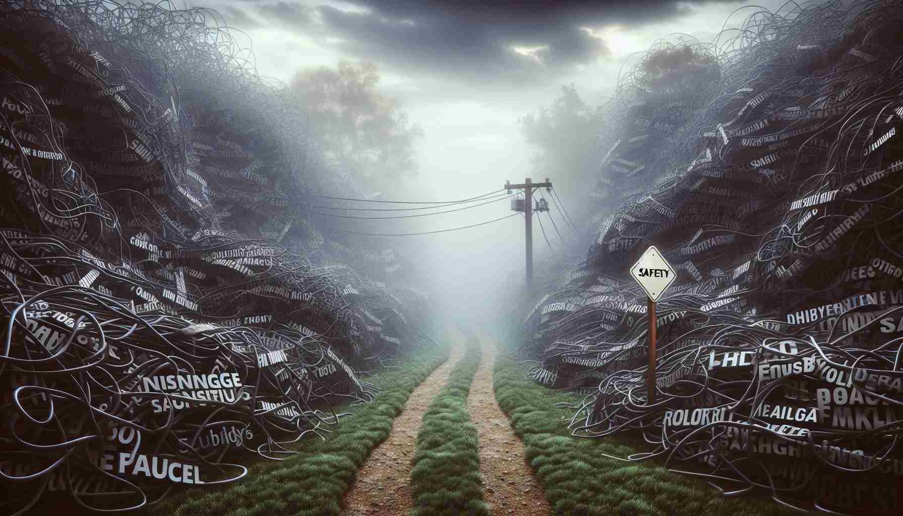 A high-definition, realistic image that symbolizes the theme 'Unseen Dangers: How Rhetoric is Changing the Landscape of Safety'. Picture this: A tangled web of words forming a dense fog, obscuring a once-safe path in an idyllic landscape. A sign of 'Safety' stands along the path, yet the visibility is low due to the fog. The words within the fog can include terms associated with rhetoric and disinformation. Make sure the landscape is starting to look eerie with looming unseeable dangers.