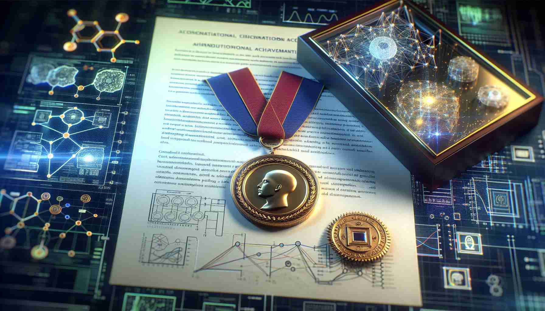 A high-definition, photorealistic image showcasing groundbreaking achievements in machine learning that have been recognized with a prestigious international award for scientific achievement. Depict representationally a scientific medal, computer diagrams symbolizing machine learning algorithms, and a document bearing the mark of this acknowledgment. To capture the spirit of these contributions, incorporate visuals suggesting complexity, advancement, and enlightenment.