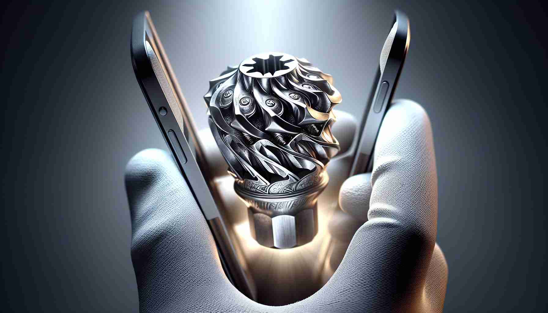 High definition, realistic image of a unique, intricate screwdriver bit being unveiled. The screwdriver bit radiates a sense of mystery, with its unusual design and complex geometry, hidden until this moment. The bit brilliantly glimmers under the soft light, revealing each facet and twist in the metal. It is carefully cradled in a gloved hand, smartphone casting a precise spotlight onto the enigma of the tool. The background remains blurred, augmenting the drama and drawing focus towards the revelatory moment of the odd, novel screwdriver bit.