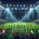 A realistic high definition image of the Concacaf Nations League in full swing. Showcase a high intensity soccer match in a packed stadium, under floodlights. Make the teams uniform ambiguous, not clearly representing any specific nation. The atmosphere should convey the question - Can anyone stop a powerful team in this competition? Include spectators in the stands waving flags of various countries.