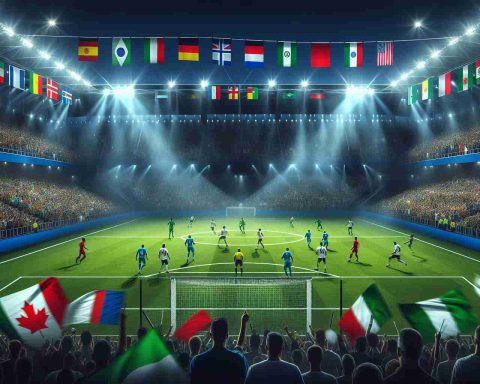 A realistic high definition image of the Concacaf Nations League in full swing. Showcase a high intensity soccer match in a packed stadium, under floodlights. Make the teams uniform ambiguous, not clearly representing any specific nation. The atmosphere should convey the question - Can anyone stop a powerful team in this competition? Include spectators in the stands waving flags of various countries.