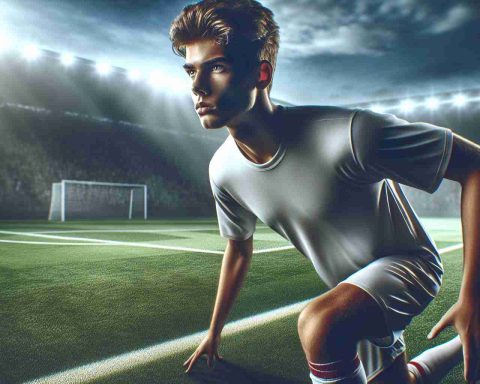 Realistic HD photo depicting a promising and talented young soccer player, poised to perform exceptionally despite the absence of his teammates. This scene captures his determination and spirit as he stands on the field, with the empty space around him symbolizing the missing team members.