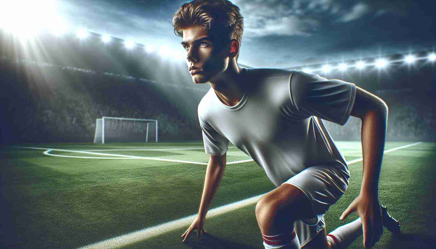 Realistic HD photo depicting a promising and talented young soccer player, poised to perform exceptionally despite the absence of his teammates. This scene captures his determination and spirit as he stands on the field, with the empty space around him symbolizing the missing team members.