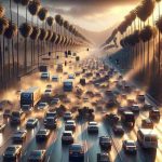 High definition, photorealistic image of a wild scene unfolding on California roads, depicting roads bursting with a mix of vehicles representing all aspects of Californian life, surrounded by palm trees with the setting sun casting long, dramatic shadows. Traffic is heavy and chaotic with cars swerving, braking, and honking in a disorderly yet powerful depiction of urban chaos, yet no accidents or harm to any individual.