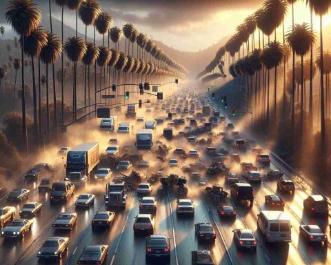 High definition, photorealistic image of a wild scene unfolding on California roads, depicting roads bursting with a mix of vehicles representing all aspects of Californian life, surrounded by palm trees with the setting sun casting long, dramatic shadows. Traffic is heavy and chaotic with cars swerving, braking, and honking in a disorderly yet powerful depiction of urban chaos, yet no accidents or harm to any individual.