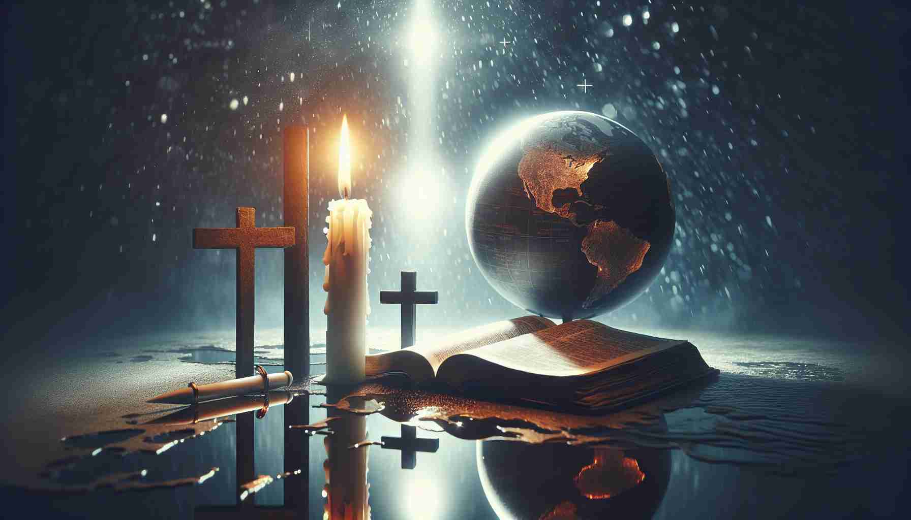 Create an image depicting a metaphorical concept related to the future of evangelical Christianity. The image should be realistic and of high definition. It could depict elements such as a lit candle in the dark, symbolizing faith and uncertainty, or an open Bible beside a globe, reflecting Christianity's influence worldwide. Also include elements that suggest conflict or controversy, for instance, a broken cross or a stormy sea. Remember, these elements should be metaphorical, not literal depictions of any person or belief.