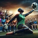 A realistic, high definition image depicting an incredible performance by a Black female soccer goalie. She is surrounded by the chaos of her struggling team, sporting vibrant jerseys, in the midst of a demanding match. Sweat glistens against the setting sun while the ball, perfectly stopped in her gloves, signifies her exceptional skills, despite the tense situation. As a somber undertone, seated spectators in the background exhibit a spectrum of reactions mirroring the team's struggles.