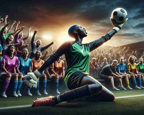 A realistic, high definition image depicting an incredible performance by a Black female soccer goalie. She is surrounded by the chaos of her struggling team, sporting vibrant jerseys, in the midst of a demanding match. Sweat glistens against the setting sun while the ball, perfectly stopped in her gloves, signifies her exceptional skills, despite the tense situation. As a somber undertone, seated spectators in the background exhibit a spectrum of reactions mirroring the team's struggles.