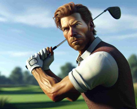 High-definition, vivid, realistic image of a golfer in the midst of a golf game. Setting: a sunny day with clear skies at the golf course. The golfer, a Caucasian man in his thirties, is intensely focused as he prepares to swing. He has red hair, a muscular build, and wears a traditional golf outfit. Significantly much of the suspense and anticipation of the scene stems from an ongoing bet where intriguing high stakes have been raised. The facial expression of the golfer holds a sense of expectancy and determination, showing how the bet has influenced his performance.