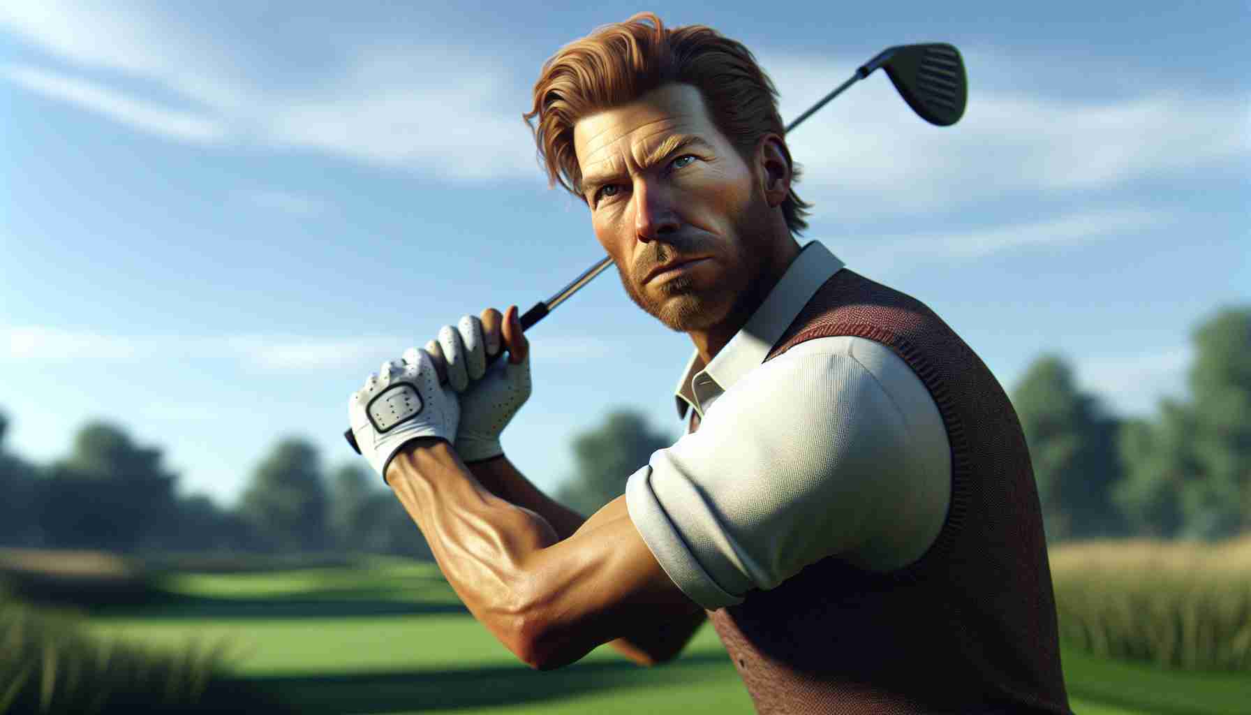 High-definition, vivid, realistic image of a golfer in the midst of a golf game. Setting: a sunny day with clear skies at the golf course. The golfer, a Caucasian man in his thirties, is intensely focused as he prepares to swing. He has red hair, a muscular build, and wears a traditional golf outfit. Significantly much of the suspense and anticipation of the scene stems from an ongoing bet where intriguing high stakes have been raised. The facial expression of the golfer holds a sense of expectancy and determination, showing how the bet has influenced his performance.