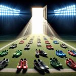 A high-definition, realistic image representing the concept of uncertainty related to the midfield position in English football. The scene includes a football pitch under the dramatic spotlight with the central area signifying midfield glowing. There should be multiple pairs of football boots of various designs scattered around, indicating multiple potentials. The background holds an open door, symbolizing opportunity. This image does not refer to any specific human figures or players.