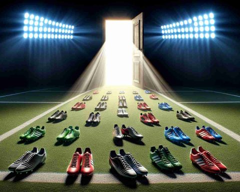 A high-definition, realistic image representing the concept of uncertainty related to the midfield position in English football. The scene includes a football pitch under the dramatic spotlight with the central area signifying midfield glowing. There should be multiple pairs of football boots of various designs scattered around, indicating multiple potentials. The background holds an open door, symbolizing opportunity. This image does not refer to any specific human figures or players.