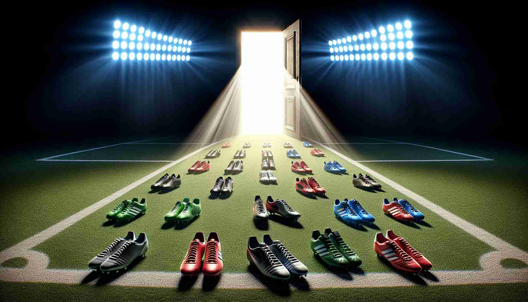 A high-definition, realistic image representing the concept of uncertainty related to the midfield position in English football. The scene includes a football pitch under the dramatic spotlight with the central area signifying midfield glowing. There should be multiple pairs of football boots of various designs scattered around, indicating multiple potentials. The background holds an open door, symbolizing opportunity. This image does not refer to any specific human figures or players.