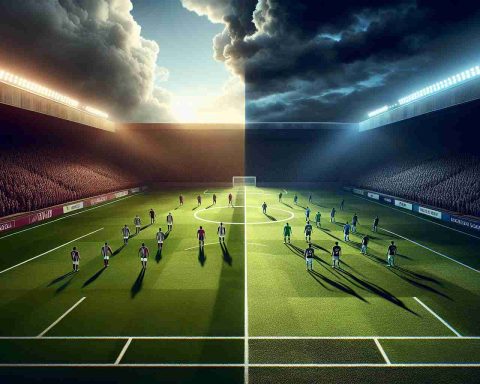 Realistic high-definition image of a dramatic sports showdown. This image will depict a symbolic representation of a match between two football teams. The match scene should convey anticipation and competition, with loosely recognizable team colors suggesting Club Brugge and Aston Villa. One side of the field is filled with players signaling a comeback, embodying Club Brugge's attempt to reclaim glory, while the other side shows a team standing their ground, representing Aston Villa.