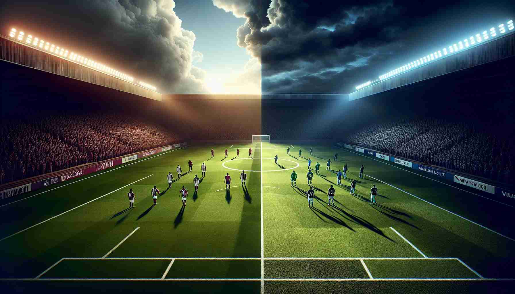 Realistic high-definition image of a dramatic sports showdown. This image will depict a symbolic representation of a match between two football teams. The match scene should convey anticipation and competition, with loosely recognizable team colors suggesting Club Brugge and Aston Villa. One side of the field is filled with players signaling a comeback, embodying Club Brugge's attempt to reclaim glory, while the other side shows a team standing their ground, representing Aston Villa.