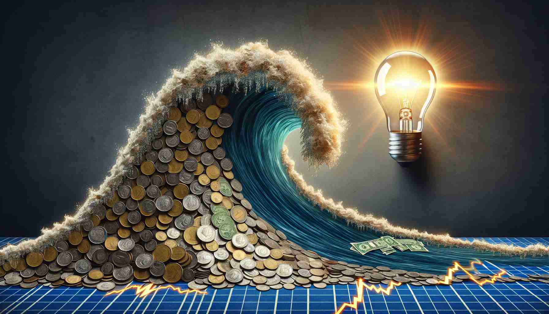 High definition image illustrating the metaphorical concept of a 'stock market surge'. Picture a tidal wave made of coins and dollar bills, symbolizing a massive increase in financial assets. The wave surges over a graph curve, which represents the stock market. For 'the shocking truth' behind it, depict a lightbulb suddenly lighting up in the vicinity of the wave symbolizing a revelation or insight into the situation.