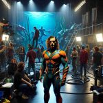 A realistic high-definition image of the dramatic scene unveiling of a fictional underwater superhero character. The image takes us behind the scenes showing the excitement, tension, and secrets associated with the filming process. The team on set is busy with various tasks — directing, acting, managing special effects, and so on. The main hero, a muscular person with long curly hair, wearing an orange and green suit, stands in the foreground while the crew members actively work in the background.