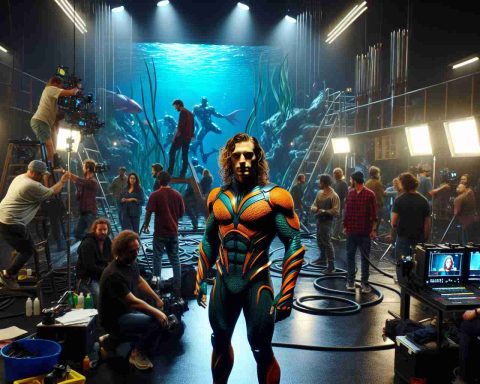 A realistic high-definition image of the dramatic scene unveiling of a fictional underwater superhero character. The image takes us behind the scenes showing the excitement, tension, and secrets associated with the filming process. The team on set is busy with various tasks — directing, acting, managing special effects, and so on. The main hero, a muscular person with long curly hair, wearing an orange and green suit, stands in the foreground while the crew members actively work in the background.