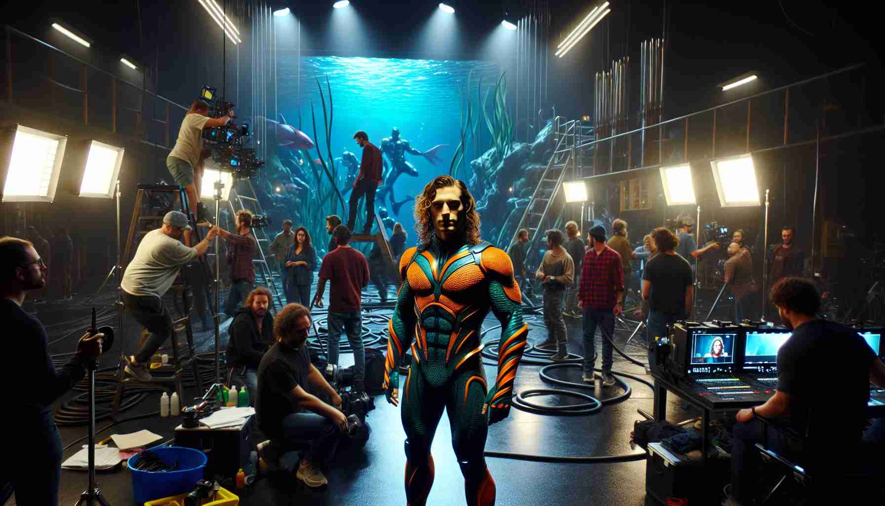 A realistic high-definition image of the dramatic scene unveiling of a fictional underwater superhero character. The image takes us behind the scenes showing the excitement, tension, and secrets associated with the filming process. The team on set is busy with various tasks — directing, acting, managing special effects, and so on. The main hero, a muscular person with long curly hair, wearing an orange and green suit, stands in the foreground while the crew members actively work in the background.