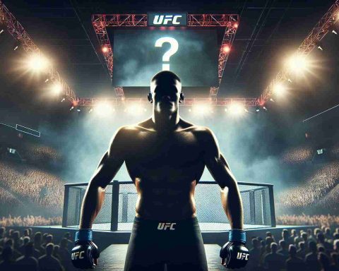 Generate a realistic HD photo of a hyped up UFC showdown. The image showcases a muscular unidentified fighter standing in the octagon, under bright lights, with an air of anticipation and suspense. On the background, a large screen is visible, displaying a question mark, representing an unnamed opponent. The atmosphere in the venue is electric, with passionate fans eagerly waiting for the face-off. Note: all human figures should be masked or silhouetted, to not represent a particular, real individual, because this image is more about the concept of a popular showdown than specific fighters.