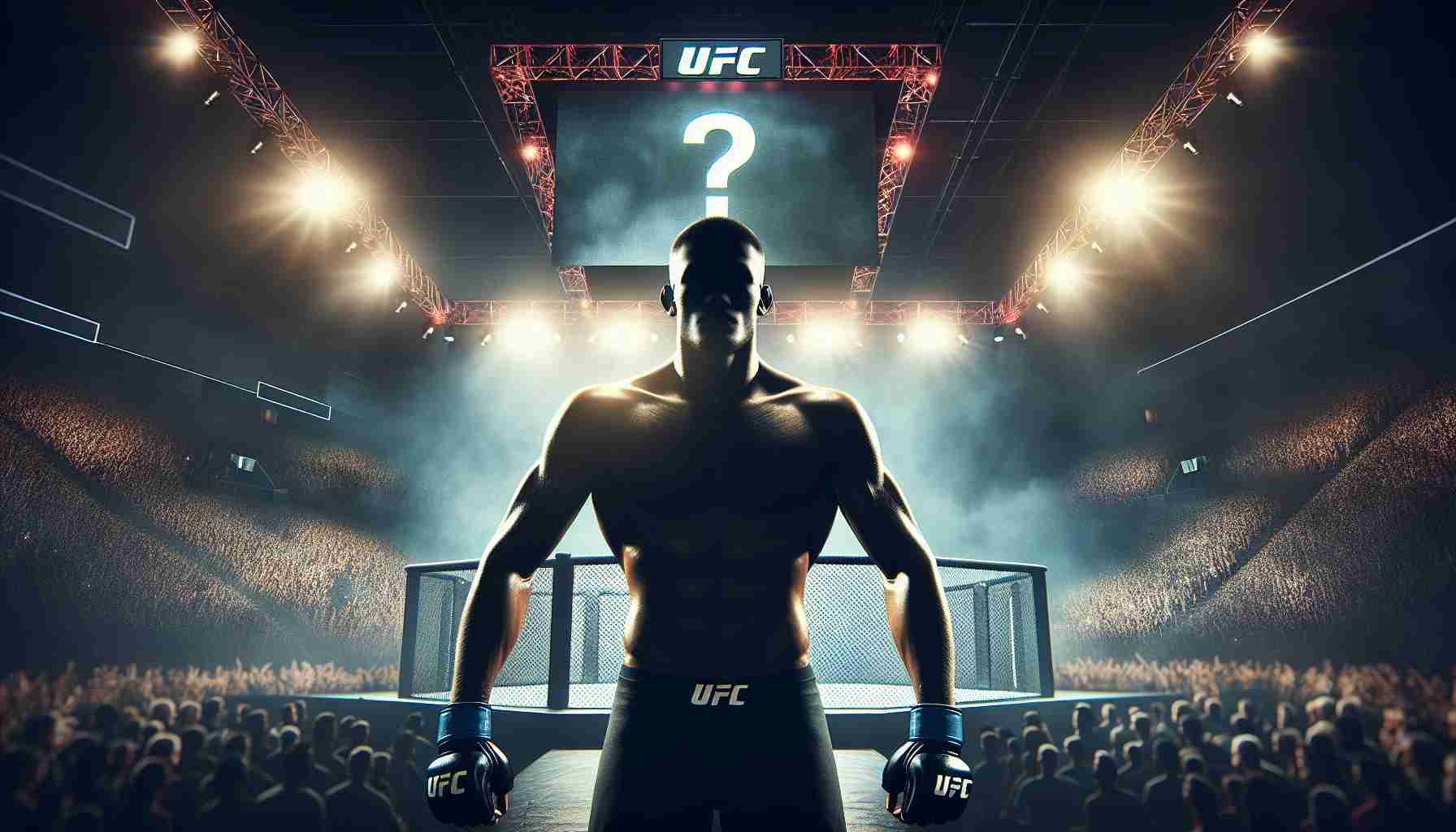 Generate a realistic HD photo of a hyped up UFC showdown. The image showcases a muscular unidentified fighter standing in the octagon, under bright lights, with an air of anticipation and suspense. On the background, a large screen is visible, displaying a question mark, representing an unnamed opponent. The atmosphere in the venue is electric, with passionate fans eagerly waiting for the face-off. Note: all human figures should be masked or silhouetted, to not represent a particular, real individual, because this image is more about the concept of a popular showdown than specific fighters.