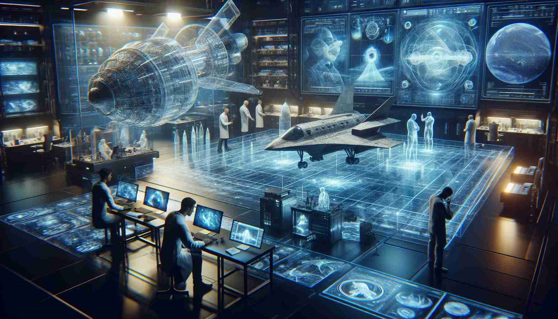 Realistic, high-definition image showcasing dramatic simulations of cutting-edge experiments that are revolutionizing the field of space travel. The scene could include scientists examining intricate 3D models of spaceships, working on computations on transparent screens, or running holographic tests in a futuristic laboratory. The overall ambiance should reflect a pioneering spirit and the thrilling surge of discovery.