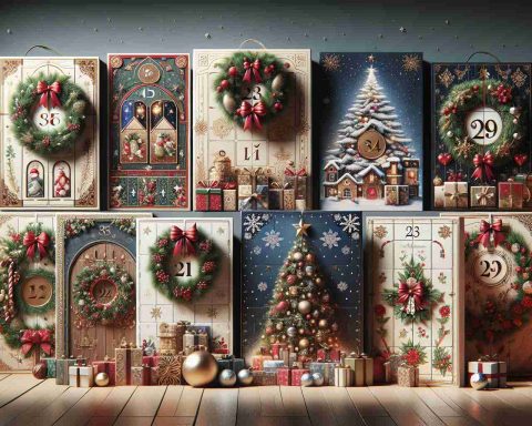 Realistic, high-definition image of an assortment of attractive and festive Advent Calendars for the holiday season. The calendars are richly decorated with holiday-themed graphics, like snowflakes, stars, and Christmas ornaments. The doors of the Advent Calendars are unopened, adding to the sense of anticipation and surprise that's synonymous with them. These are presented in a pleasant, well-lit setting, inviting us to unwrap the magic and discover the unique, delightful surprises behind each door, symbolising the countdown towards the holiday season.