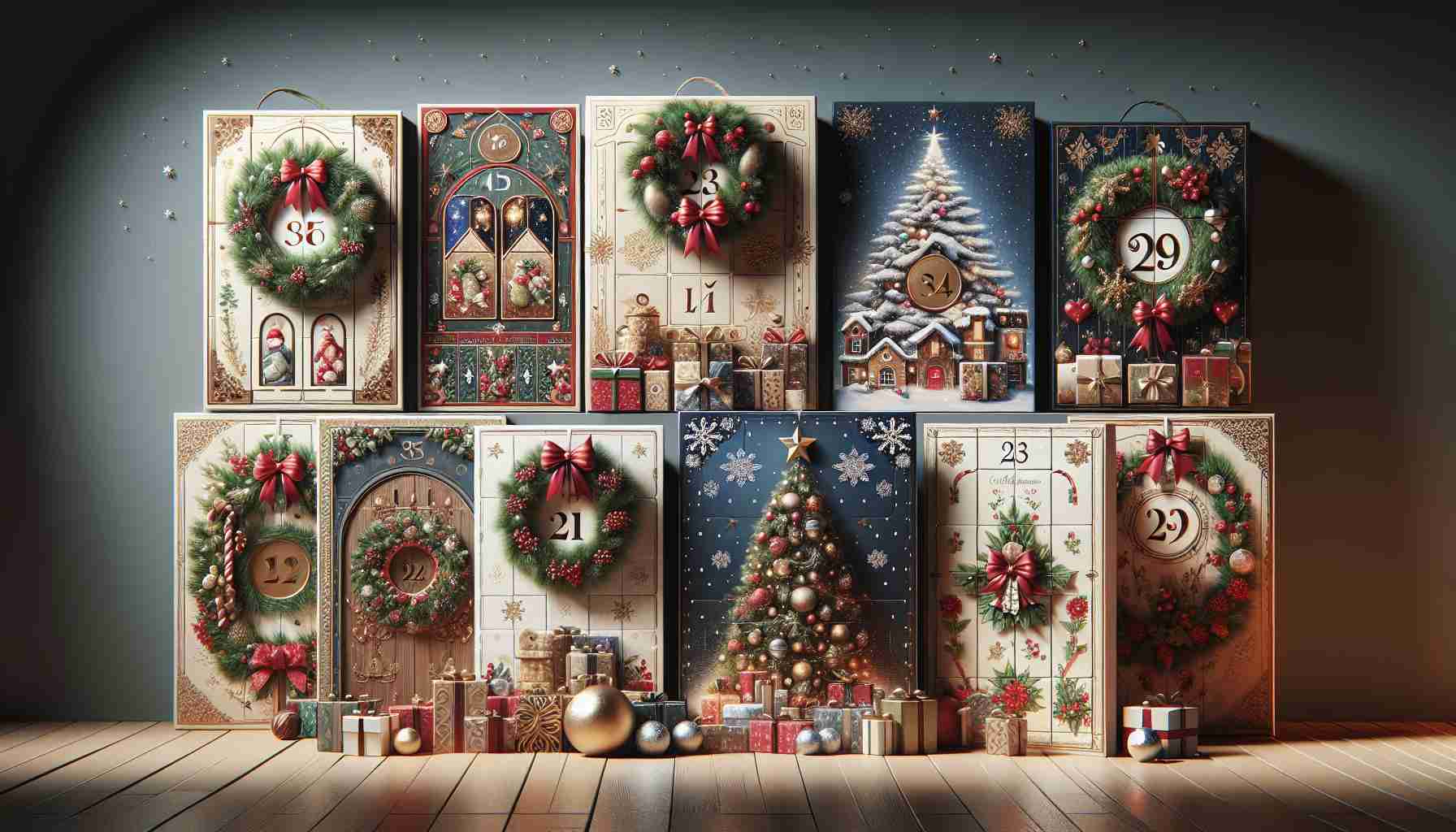 Realistic, high-definition image of an assortment of attractive and festive Advent Calendars for the holiday season. The calendars are richly decorated with holiday-themed graphics, like snowflakes, stars, and Christmas ornaments. The doors of the Advent Calendars are unopened, adding to the sense of anticipation and surprise that's synonymous with them. These are presented in a pleasant, well-lit setting, inviting us to unwrap the magic and discover the unique, delightful surprises behind each door, symbolising the countdown towards the holiday season.