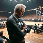 High-definition, realistic image representing a Spurs match under tension. The scene set is a basketball court with an aging, iconic coach deeply engrossed in thought, standing at the sideline, contemplating strategies for his uncertain future. The atmosphere is thick with anticipation and concern. Fans in the stands mirroring the intensity, their expressions a mix of hope, worry, and unwavering support.