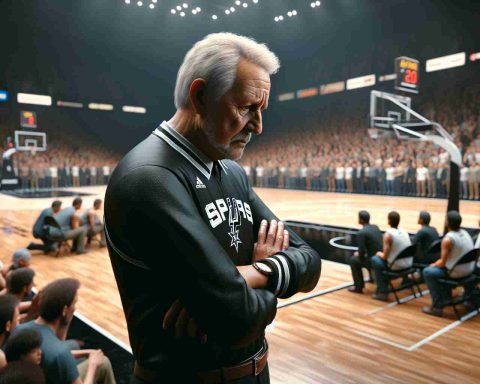 High-definition, realistic image representing a Spurs match under tension. The scene set is a basketball court with an aging, iconic coach deeply engrossed in thought, standing at the sideline, contemplating strategies for his uncertain future. The atmosphere is thick with anticipation and concern. Fans in the stands mirroring the intensity, their expressions a mix of hope, worry, and unwavering support.