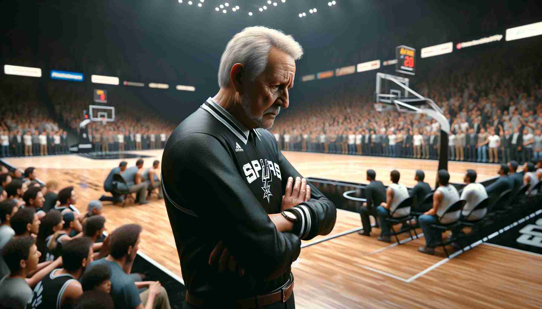 High-definition, realistic image representing a Spurs match under tension. The scene set is a basketball court with an aging, iconic coach deeply engrossed in thought, standing at the sideline, contemplating strategies for his uncertain future. The atmosphere is thick with anticipation and concern. Fans in the stands mirroring the intensity, their expressions a mix of hope, worry, and unwavering support.