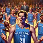 A highly detailed image that portrays an unpredictable rearrangement in a basketball team. The logo of the Thunder basketball team identifiable, alongside various team members wearing fleet-blue, sunset, and yellow basketball jerseys. A visibly surprised team coach stands in the background, and a basketball court on a bustling game night serves as the backdrop. The expressions on the faces of the players and the public reveal that something unexpected just occurred.