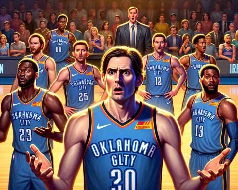 A highly detailed image that portrays an unpredictable rearrangement in a basketball team. The logo of the Thunder basketball team identifiable, alongside various team members wearing fleet-blue, sunset, and yellow basketball jerseys. A visibly surprised team coach stands in the background, and a basketball court on a bustling game night serves as the backdrop. The expressions on the faces of the players and the public reveal that something unexpected just occurred.