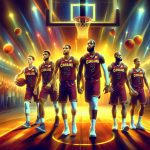 Generate a high-definition, realistic picture showcasing a basketball team, depicted as Cavaliers, in the center of a vibrant, well-lit basketball court. They should radiate determination and strength, with each player demonstrating an undeniable will to continue their winning streak. The atmosphere should carry an undertone of anticipation and puzzle, reflecting the uncertainty of the team's future. Include a roaring crowd in the background, marvelling at the spectacle. No specific faces should be distinguishable among the team or the crowd.