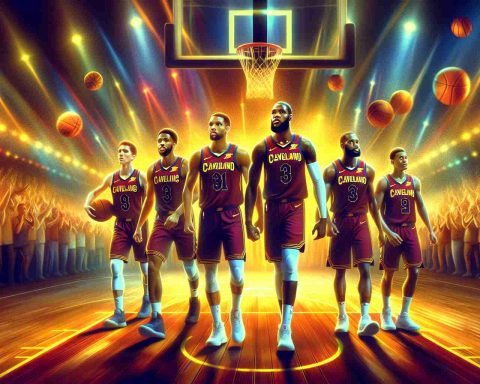 Generate a high-definition, realistic picture showcasing a basketball team, depicted as Cavaliers, in the center of a vibrant, well-lit basketball court. They should radiate determination and strength, with each player demonstrating an undeniable will to continue their winning streak. The atmosphere should carry an undertone of anticipation and puzzle, reflecting the uncertainty of the team's future. Include a roaring crowd in the background, marvelling at the spectacle. No specific faces should be distinguishable among the team or the crowd.