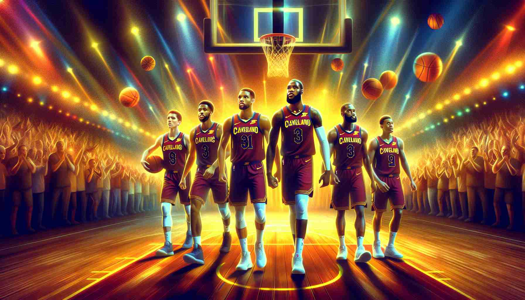 Generate a high-definition, realistic picture showcasing a basketball team, depicted as Cavaliers, in the center of a vibrant, well-lit basketball court. They should radiate determination and strength, with each player demonstrating an undeniable will to continue their winning streak. The atmosphere should carry an undertone of anticipation and puzzle, reflecting the uncertainty of the team's future. Include a roaring crowd in the background, marvelling at the spectacle. No specific faces should be distinguishable among the team or the crowd.