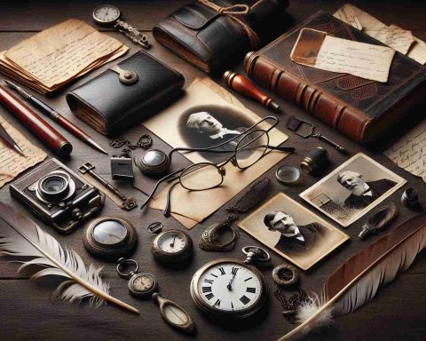 Realistic HD portrayal of a set of interesting and memorable life events, symbolized by physical objects like old letters, black and white photographs, a worn-out diary, a feather quill, a classic pocket watch, and a pair of vintage spectacles, each carrying an implicit story and contribution to the legacy of an unforgettable life.