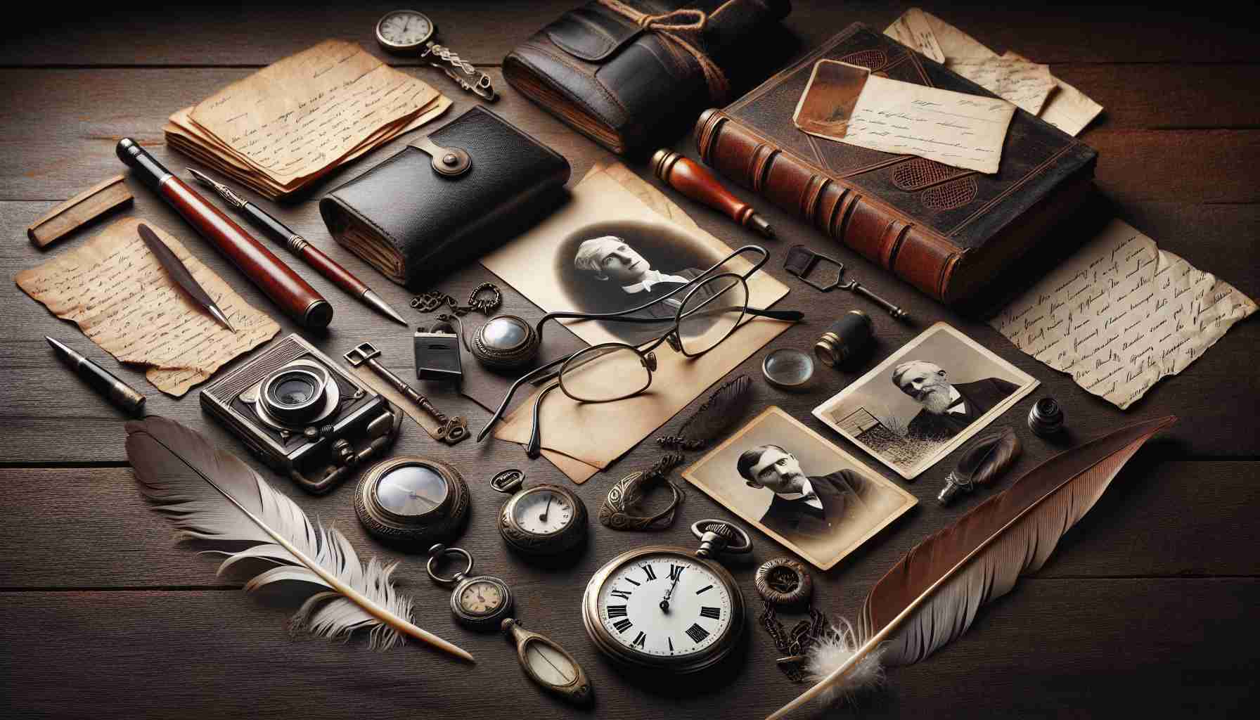 Realistic HD portrayal of a set of interesting and memorable life events, symbolized by physical objects like old letters, black and white photographs, a worn-out diary, a feather quill, a classic pocket watch, and a pair of vintage spectacles, each carrying an implicit story and contribution to the legacy of an unforgettable life.